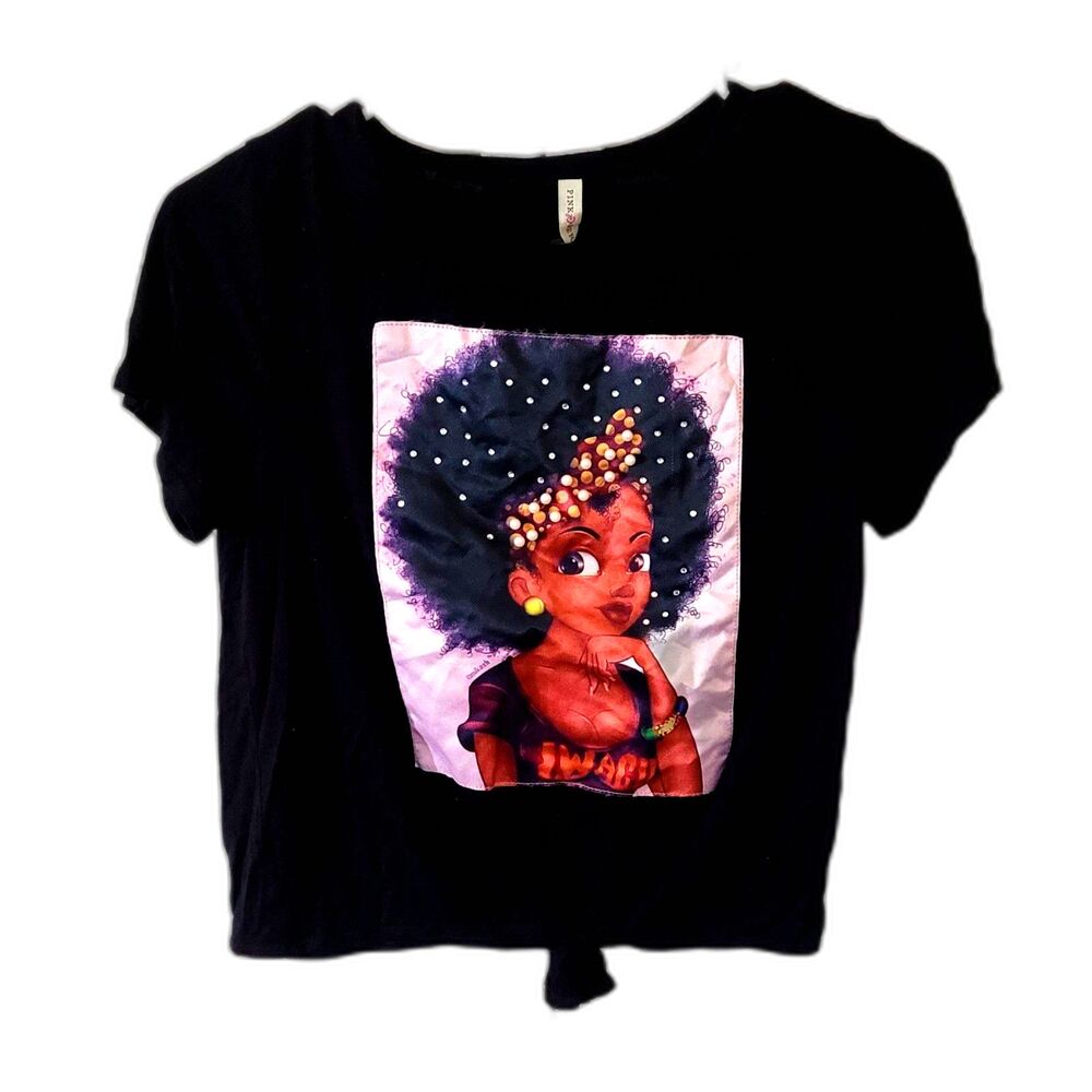 Pink Berry Embellished Afro Girl Graphic Crop Top Black Tie Front Tee Size Small
